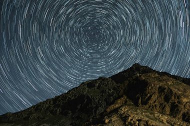 Star trails over a rugged mountain landscape at night. clipart