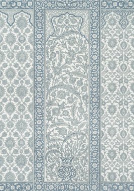 Intricate blue and white floral damask pattern on textured fabric. clipart