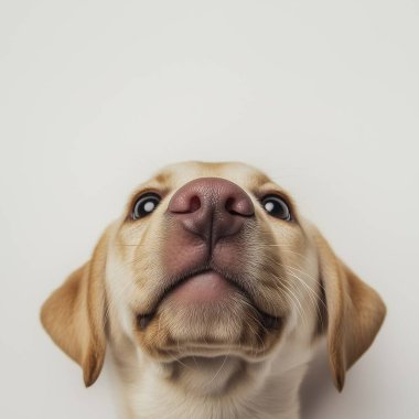 Beyaz arka planda kameradan dışarı bakan şirin köpek yavrusu Labrador Retriever 'ın portresi..