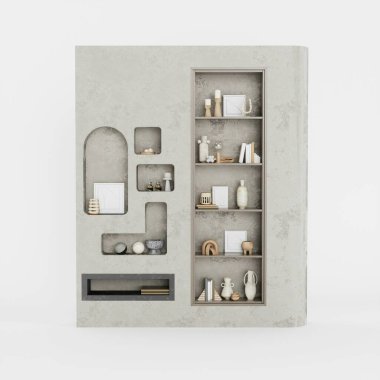 Modern minimalist decorative shelf with neutral tones and artistic accents. clipart