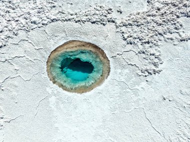 Aerial view of a striking blue water hole surrounded by white salt crust. clipart