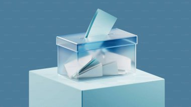 Transparent ballot box with ballots casting against a serene blue backdrop. clipart