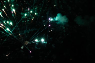 Vibrant green and purple fireworks lighting up the night sky. clipart