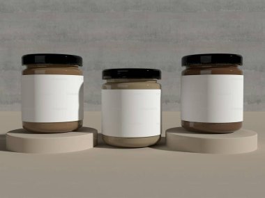 Three glass jars with blank labels, showcasing neutral-colored contents. clipart