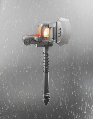 Futuristic axe illuminated in rain, showcasing intricate mechanical design. clipart