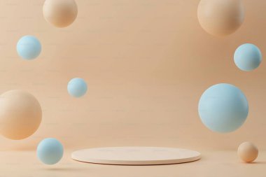 Floating spheres above a minimalist platform in soft pastel colors. clipart