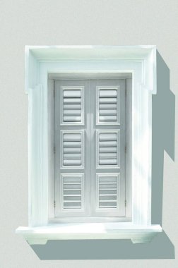 Elegant white shuttered window on a light gray wall, enhancing minimalist aesthetics. clipart