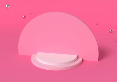 Minimalist pink podium with floating spheres, perfect for product displays. clipart