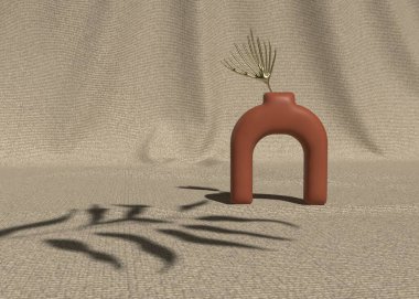 Rustic terracotta vase with golden grass casting shadows on a textured fabric. clipart