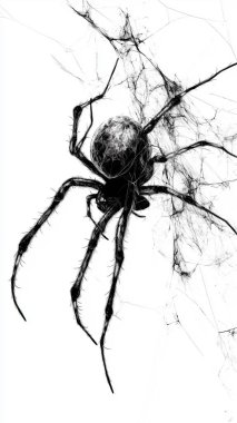 black and white spider with a spider web clipart