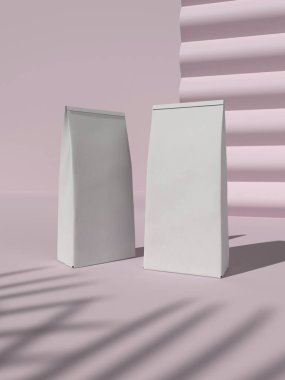 Minimalistic white sculptures casting shadows on pink background. clipart