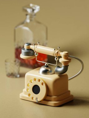 Vintage cream rotary phone with a glass decanter and a whiskey glass in the background. clipart