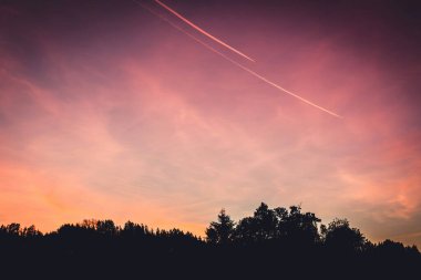 Serene sunset over a forest with colorful sky and jet trails. clipart