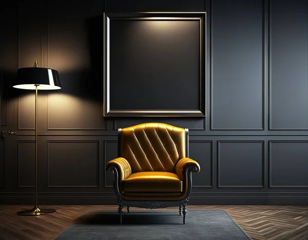 Frame Wall Art Mockup illustration 1:1 aspect ratio. Dark interior. A perfect way to showcase your artwork or photography. This mockup features a dark, luxurious, minimal look interior. 3D rendering.