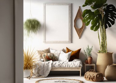 Boho frame mockup. Wall art mockup in Boho style  Interior. This image features a beautifully designed boho style frame mockup, set against a modern and stylish interior background. The frame is adorned with intricate bohemian patterns, adding a touc