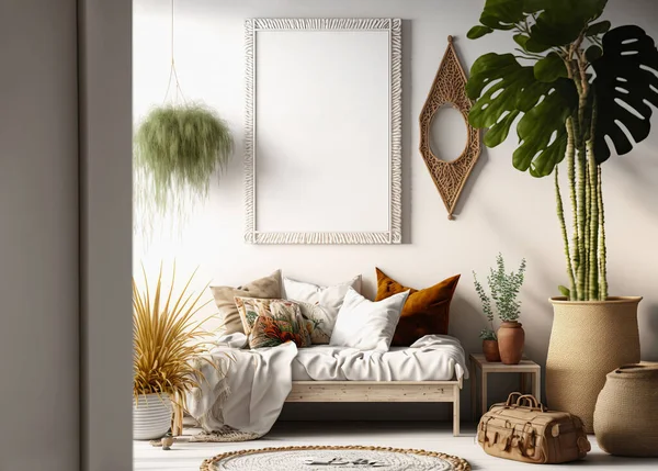 Boho frame mockup. Wall art mockup in Boho style  Interior. This image features a beautifully designed boho style frame mockup, set against a modern and stylish interior background. The frame is adorned with intricate bohemian patterns, adding a touc