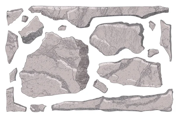 石のセット 漫画アート壊れた岩のブロック 本物の質感の破片山の白に隔離された 天然の岩壁の形 水彩画 崖のビーチカラーの石 ベクターイラスト — ストックベクタ