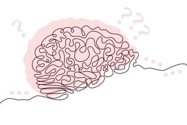 Brain Hand drawn icon continuous line drawing and pink flat silhouette. Human organs. Medicine trendy concept One single line design. Outline simple image black and white Vector illustration