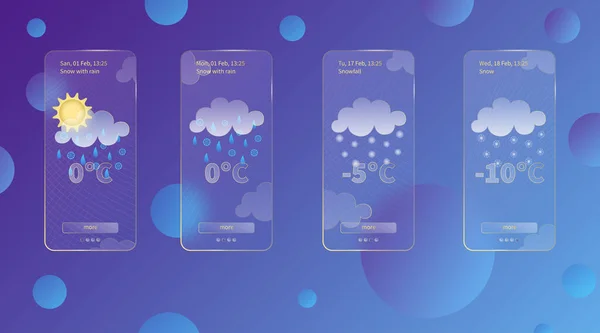 3Dガラス形態天気予報アプリテンプレートのセットインターフェイスデザインキット 濃い青のグラデーションの背景に冬のメテオのアイコンシーズンコレクションスマートフォンのガラスのモーフィズムの画面ベクトルイラスト — ストックベクタ