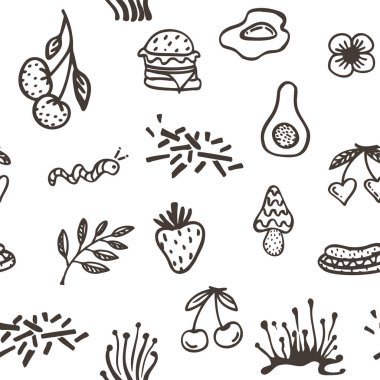 Psikedelik yemek elementleriyle kusursuz bir desen. Hipster ikonlarının geçmişe dönük tasarımı. Doodle tarzı grafikler. Klasik bir çizgi film. Siyah beyaz semboller 60 70 80 90 eğilim vektör çizimi.