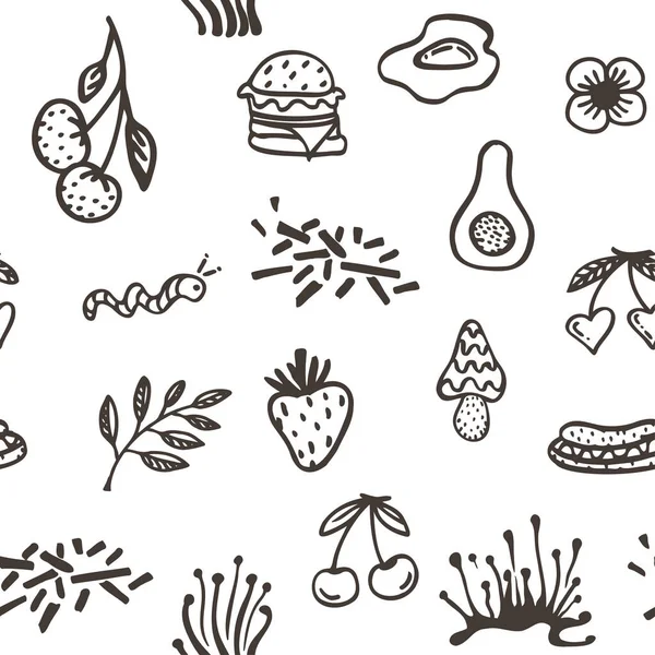 Patrón Inconsútil Con Surco Elementos Alimenticios Psicodélicos Diseño Retro Iconos — Archivo Imágenes Vectoriales