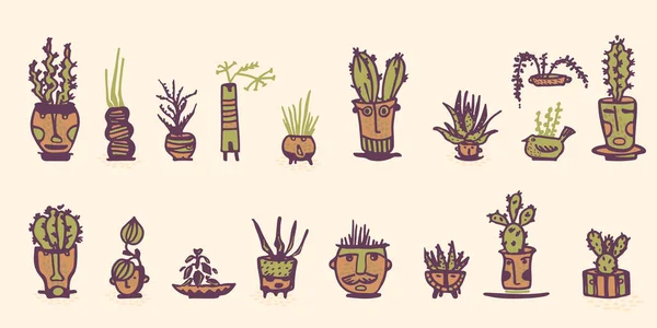 Pots Céramique Avec Des Visages Comiques Cactus Différents Personnages Émotions — Image vectorielle