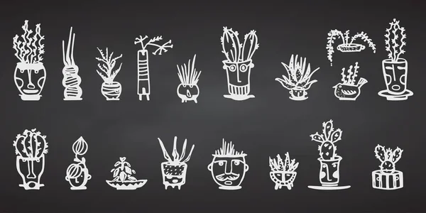 Kerámia Edények Kaktusz Képregény Arcok Fehér Firka Érzelmek Karakterek Növénykerámia — Stock Vector