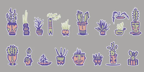 Pots Céramique Avec Des Visages Comiques Cactus Différentes Émotions Gribouillis — Image vectorielle