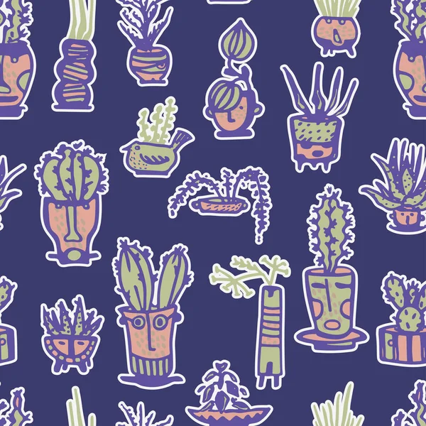 Naadloos Patroon Stickers Keramische Potten Met Cactus Stripgezichten Verschillende Doodle — Stockvector