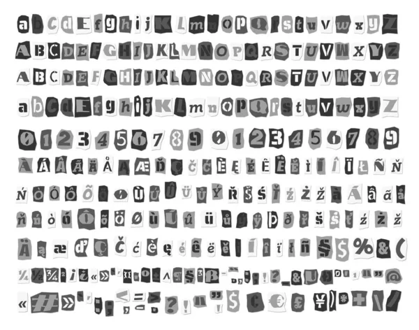 Gris Rescate Collage Estilo Letras Números Cortados Periódicos Revistas Colección — Archivo Imágenes Vectoriales