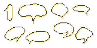 Piksel konuşma balonu koleksiyonu diyalog kutuları. Retro oyun 8 bit satır metin kutusu. Sarı, siyah ve beyaz renkli boş pikselli mesaj çubuğu. Bulut çerçevelerinden alıntı. Düz tasarım vektör çizimi.