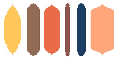 Arap doğulu pencere, kemer ve kapı koleksiyonu. Çerçeveler, kalıplar, arka planlar için modern tasarım. Cami kubbesi ve fenerler İslami Ramazan Kareem ve bayram mübarek tarzı. Vektör illüstrasyonu.