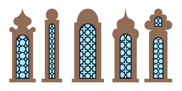 アラビア東洋の窓 アーチ ドアのコレクション レーザーカットグリル モスク ドームのモダンなデザインは イスラムのラマダン ノルデムとイード ムバラク様式を意味する ベクトルイラスト — ストックベクタ