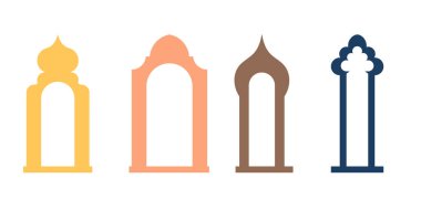 Arap doğulu pencere, kemer, ayna, kapı koleksiyonu. Çerçeve, model ve arka planlar için modern tasarım. Cami kubbesi ve fenerler İslami ramazan kareem ve bayram mübarek stil illüstrasyon.