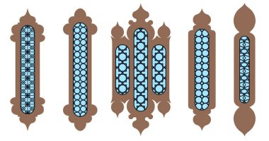 Arap doğu pencereleri koleksiyonu. Lazer ızgarayı kesti. Siyah fo çerçeveli modern tasarım cami kubbesi ve fenerler İslami raamazan kareem ve bayram mübarek tarzında. Vektör illüstrasyonu.