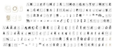 Fidye yarım ton kolaj stili harf numaraları ve gazete ve dergilerden kesilen noktalama işaretleri. Klasik ABC koleksiyonu. Siyah ve beyaz alfabe Typography vektör çizimi.