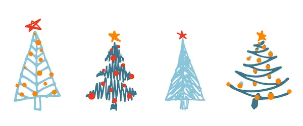 クリスマスツリーのセット Xmasパターンを描いたスケッチハンド 子供っぽいシルエットアート 冬の新年の休日の火災 隔離された背景の装飾要素 ヴィンテージイラスト — ストックベクタ