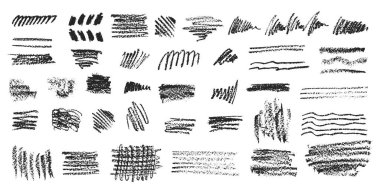 Kömür kalem el kıvrımlı çizgiler, sıçramalar, kıvrımlar ve şekiller çiziyor. Beyaz arka planda siyah elementler. Grunge tebeşirle boyanmış boya desenleri karalıyor. Sert pastel fırça darbeleri. Vektör illüstrasyonu.