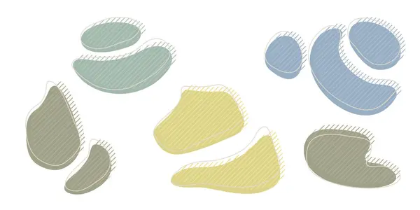 装飾的な縞および打撃ラインが付いている有機不規則なブロブ形のコレクション グレーブルーのランダム変形円スポット 隔離された白い背景有機アメーバドードル要素ベクトルイラスト — ストックベクタ