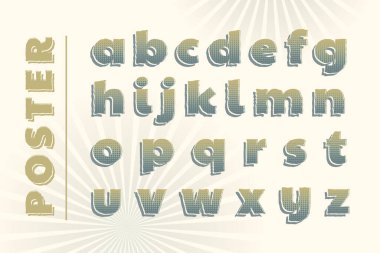 3D klasik yarım ton alfabe posterini bas. Gölge ve polka desenli kolaj stili şablon harfler. Harfler, sayılar, noktalama işaretleri. ABC koleksiyonu. Typography vektör illüstrasyonu