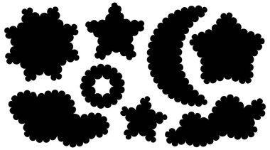 Deniz tarağının kenar kenarları beyaz arkaplanda izole edilmiş siyah şekilleri çerçeveler. Zigzag dalgalı formlar Kare, dikdörtgen, daire, oval sınır dekoratif koleksiyonu Soyut tasarım etiketi, çıkartmalar Vektör çizimleri