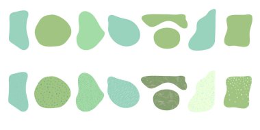 Dekoratif dokuları olan bir grup düzensiz yeşil leke beyaz arka planda izole edilmiş rastgele leke şeklindeki sıvı çemberi deforme eder. Organik amip, Retro vektör elementlerini düşürür. Vektör illüstrasyonu