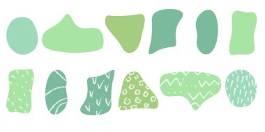 Elle çizilmiş pastel boya desenli organik yeşil leke şekilleri beyaz arka planda izole edilmiş leke şeklindeki sıvı çemberini bozuyor. Retro amip kömür damlaları elementi bırakıyor. Vektör illüstrasyonu