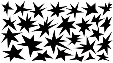 Düzensiz çivili yıldız şekilleri. Moda siyah kağıt elementlerini ayarlayın. El çizimi simge şekilleri. Funky groovy beyaz arka planda izole edilmiş basit formları kıvılcımlar. Vektör illüstrasyonu.