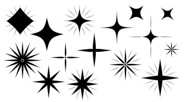 Y2k yıldızları, kıvılcımlar, pırıltılar hazır. Parıldayan güneş patlaması şekilleri koleksiyonu. Sihirli pırıltılı ışık fişeği paketi güzel tasarım şablonu, poster, afiş, flama. Vektör illüstrasyonu.