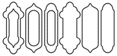 Beyaz zigzag dalgalı formlar üzerinde izole edilmiş deniz tarağı kenarı çerçeveleri seti şekilleri İslami Arap pencere dantelli silüet sınır dekoratif koleksiyonu Soyut tasarım etiketleri Vektör çizimleri