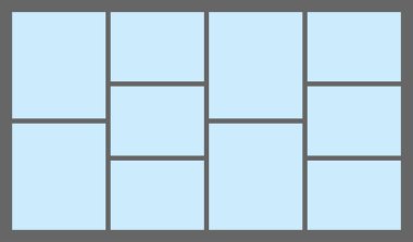 Boyutlar 16x9 modaya uygun bento ızgara tasarımı tuğla Ui UX şablonları. Dik açılı web çizgi romanları Y2k ve değişik boyutlarda vahşi şekiller içeren farklı panel düzenleri Vektör illüstrasyonları