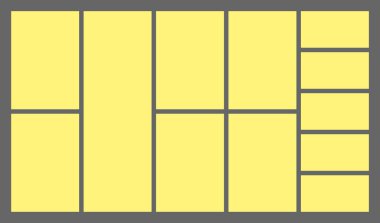 Boyutlar 16x9 modaya uygun bento ızgara tasarımı tuğla Ui UX şablonları. Dik açılı web çizgi romanları Y2k ve değişik boyutlarda vahşi şekiller içeren farklı panel düzenleri Vektör illüstrasyonları