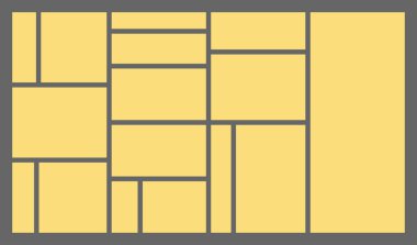 Boyutlar 16x9 modaya uygun bento ızgara tasarımı tuğla Ui UX şablonları. Dik açılı web çizgi romanları Y2k ve değişik boyutlarda vahşi şekiller içeren farklı panel düzenleri Vektör illüstrasyonları