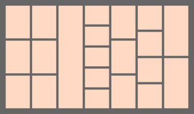 Boyutlar 16x9 modaya uygun bento ızgara tasarımı tuğla Ui UX şablonları. Dik açılı web çizgi romanları Y2k ve değişik boyutlarda vahşi şekiller içeren farklı panel düzenleri Vektör illüstrasyonları